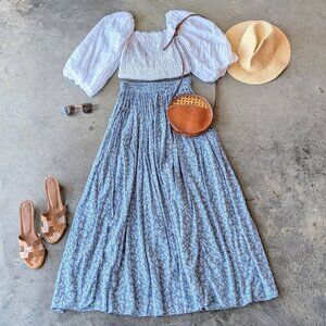 Vintage Tramp Blue White Floral Midi Maxi Skirt small